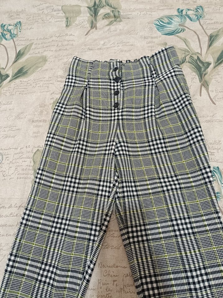 Düğmeli Ekose Desenli Kadın Pantolon - Görsel 2