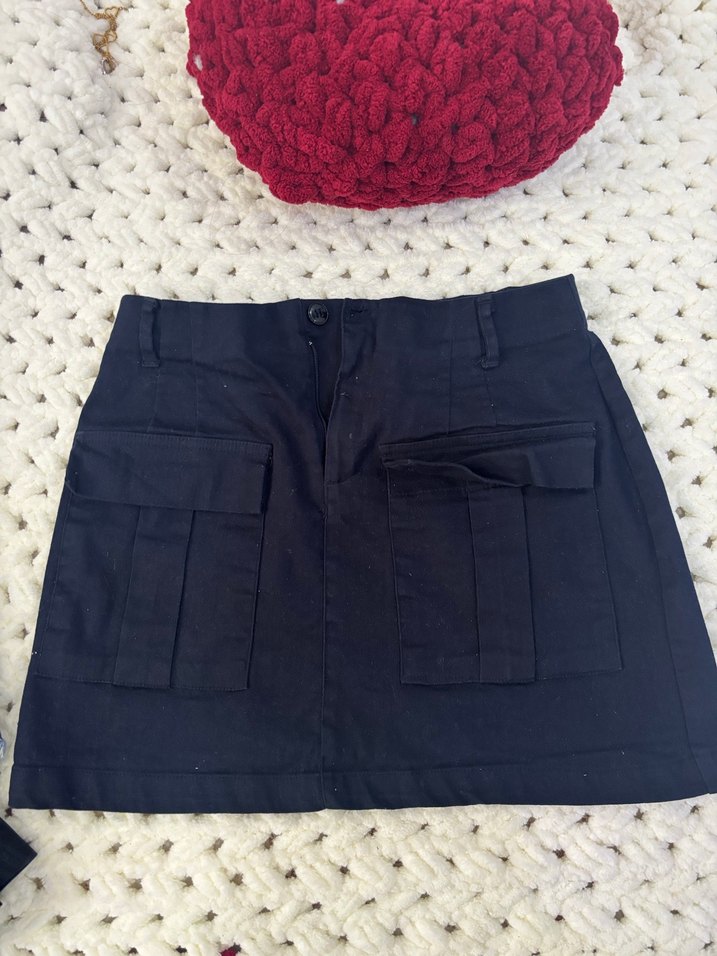 Düğmeli Siyah Keten Mini Etek - Görsel 2