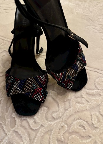 Kare Burunlu Çok Renkli Elmaslı Topuklu Sandalet - Görsel 7