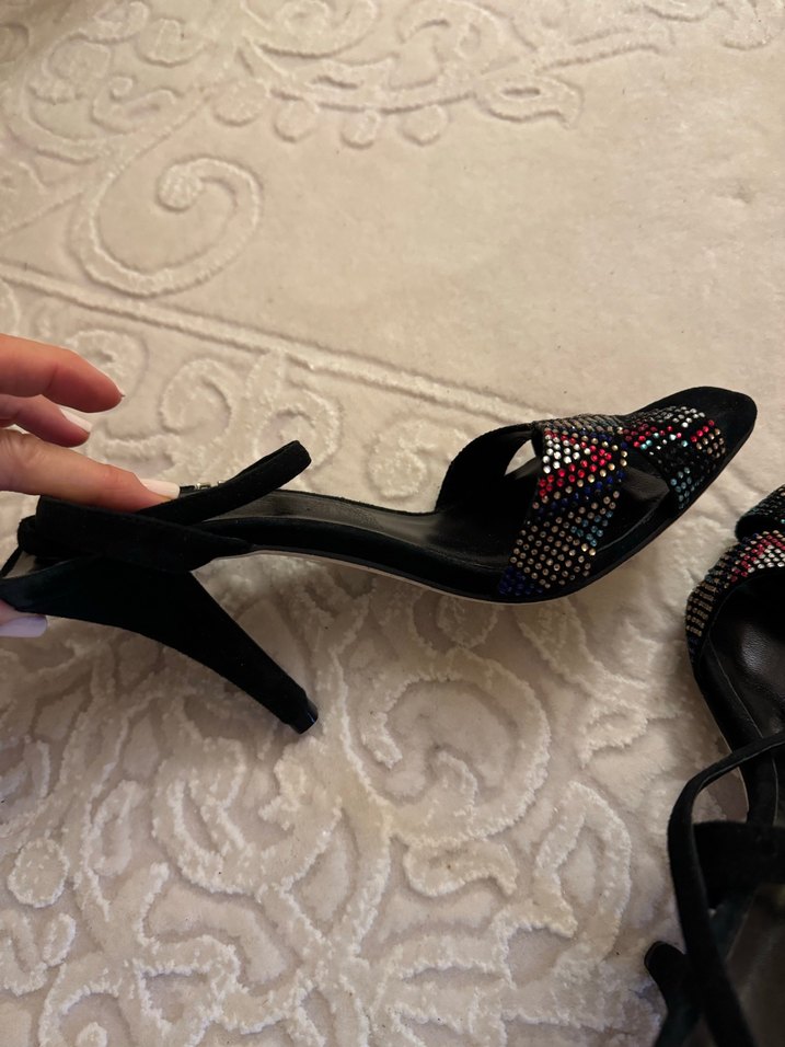 Kare Burunlu Çok Renkli Elmaslı Topuklu Sandalet - Görsel 3