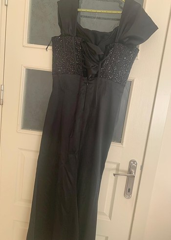 Askılı Drapeli Siyah Uzun Abiye Elbise - Görsel 3