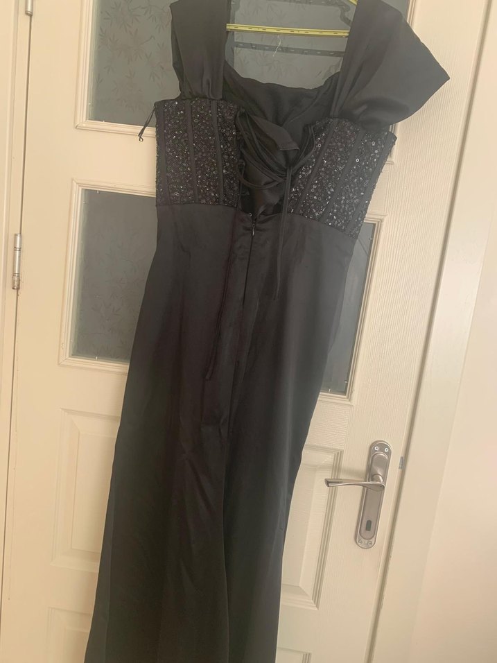 Askılı Drapeli Siyah Uzun Abiye Elbise - Görsel 3