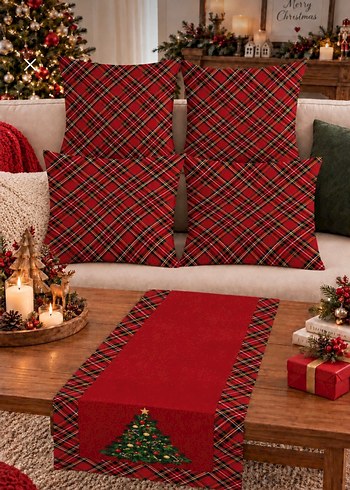 English Home Kirmizi Ekose Kirlent Ve Runner Set