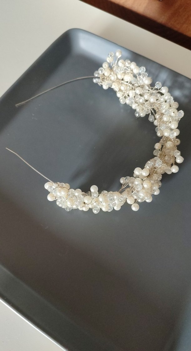 Boncuklu Beyaz Örgü Saç Aksesuarı gelin tacı - Görsel 4