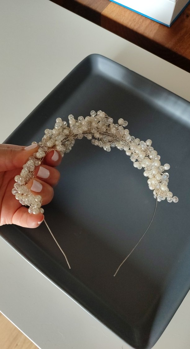 Boncuklu Beyaz Örgü Saç Aksesuarı gelin tacı - Görsel 3