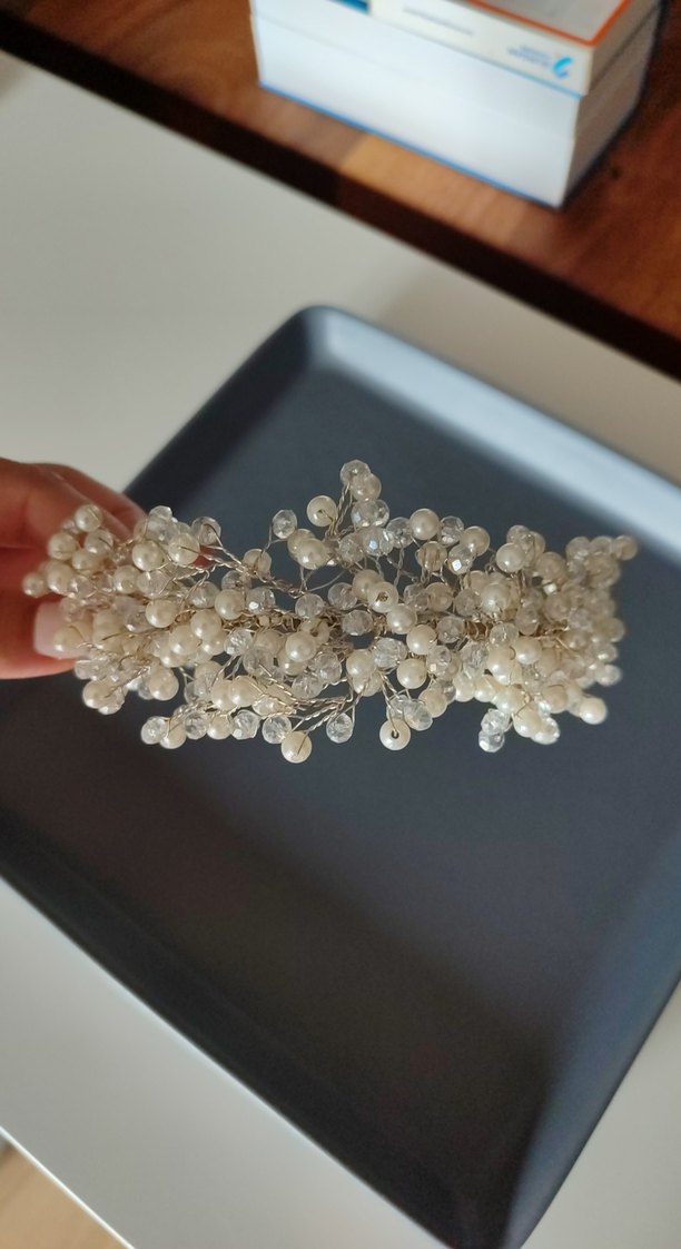 Boncuklu Beyaz Örgü Saç Aksesuarı gelin tacı - Görsel 2