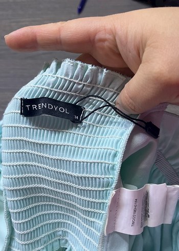 Düğmeli Turkuaz Keten Mini Bluz - Görsel 4