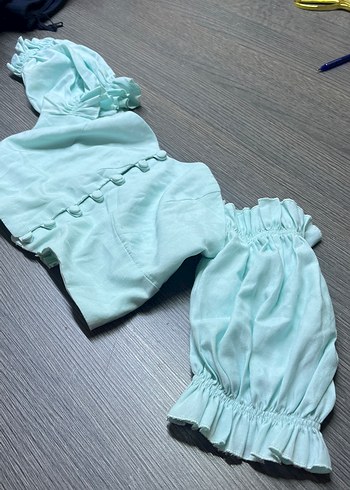 Düğmeli Turkuaz Keten Mini Bluz - Görsel 2