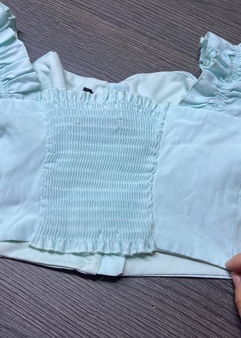 Düğmeli Turkuaz Keten Mini Bluz - Görsel 3