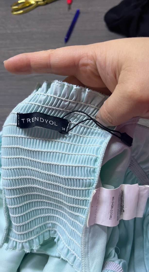 Düğmeli Turkuaz Keten Mini Bluz - Görsel 4