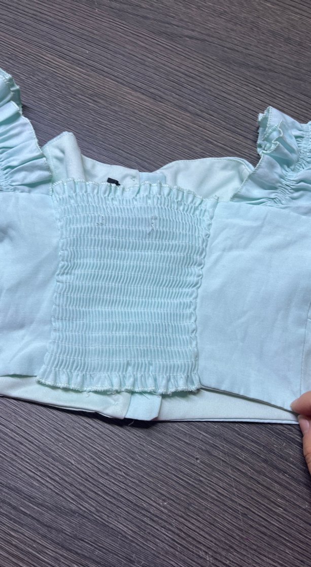 Düğmeli Turkuaz Keten Mini Bluz - Görsel 3