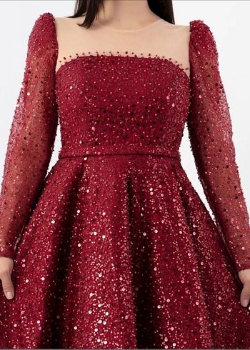 Zara Bordo Uzun Kollu Payetli Abiye Elbise