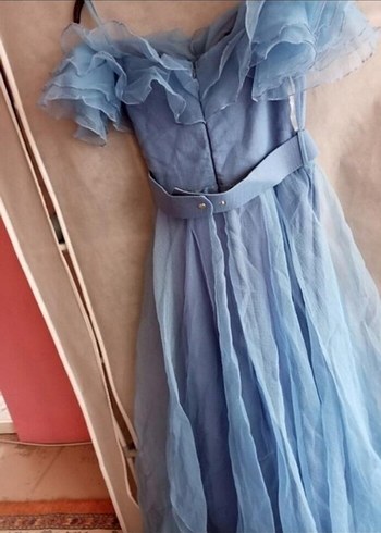 Zara Mavi Drapeli Uzun Straplez Abiye Elbise