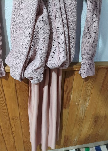 Pembe Bohem Tarzı Uzun triko elbise - Görsel 2