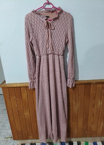 Pembe Bohem Tarzı Uzun triko elbise - Görsel 7