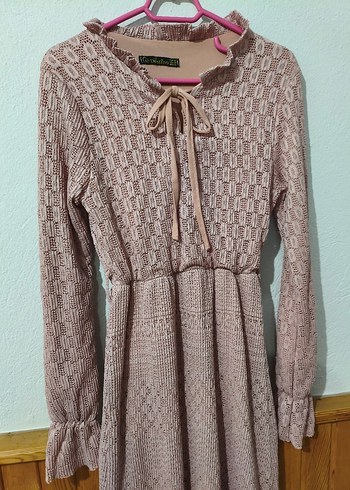 Pembe Bohem Tarzı Uzun triko elbise - Görsel 4