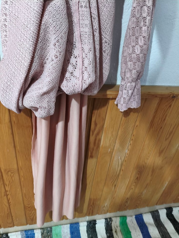 Pembe Bohem Tarzı Uzun triko elbise - Görsel 3