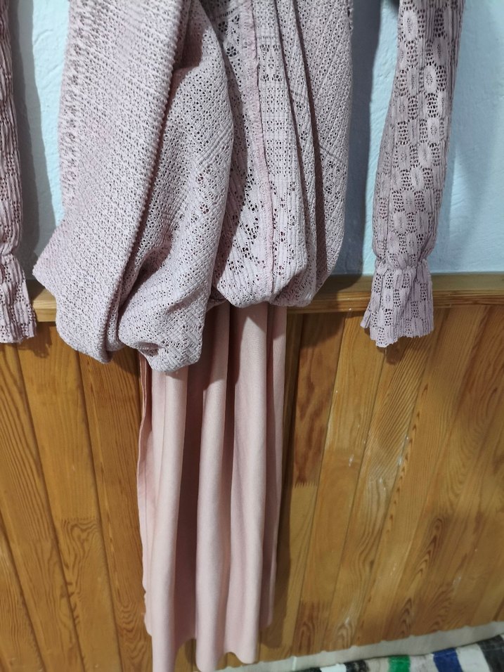 Pembe Bohem Tarzı Uzun triko elbise - Görsel 2