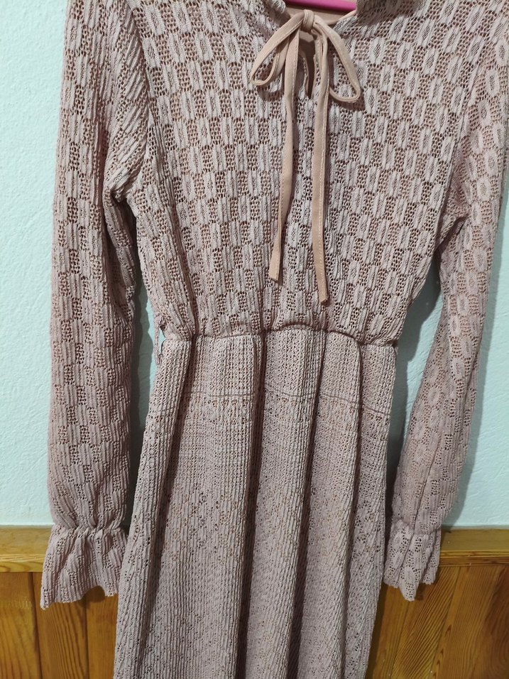 Pembe Bohem Tarzı Uzun triko elbise - Görsel 5