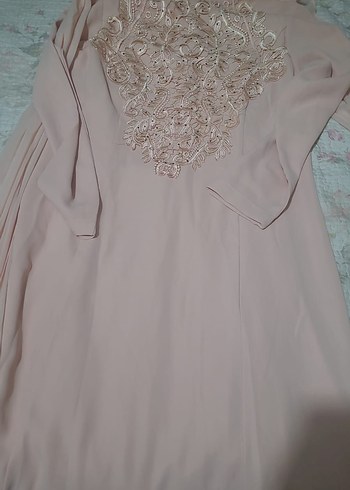 Bej Nakışlı Uzun Kollu Kadın abiye elbise - Görsel 3