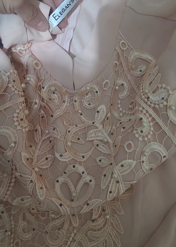 Bej Nakışlı Uzun Kollu Kadın abiye elbise - Görsel 4