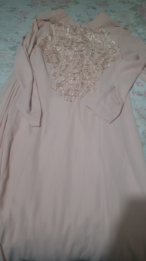 Bej Nakışlı Uzun Kollu Kadın abiye elbise - Görsel 3