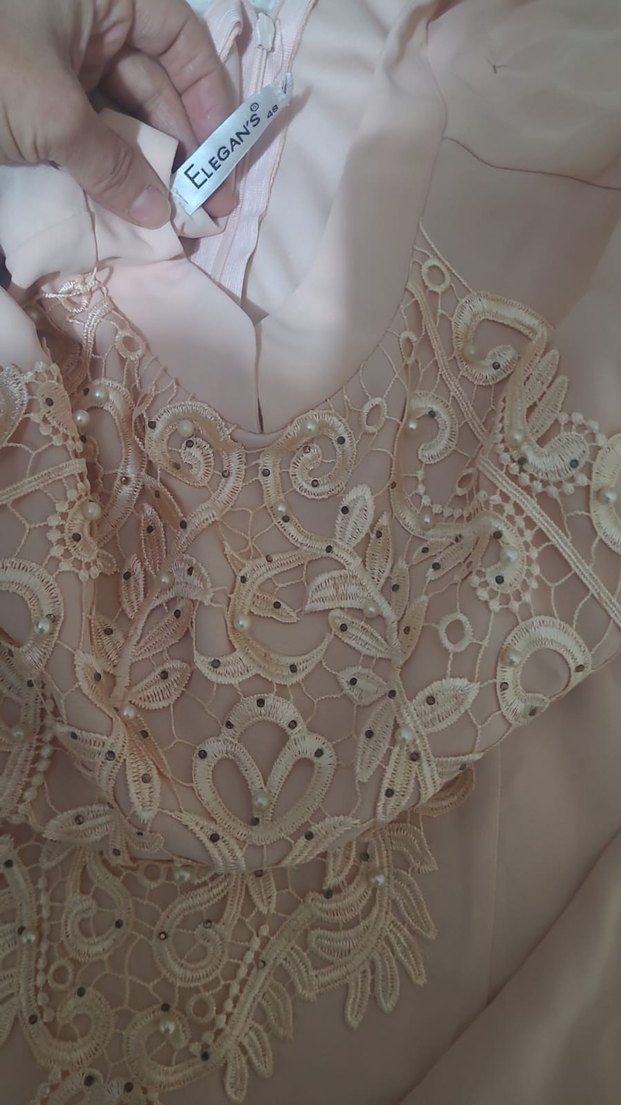 Bej Nakışlı Uzun Kollu Kadın abiye elbise - Görsel 4