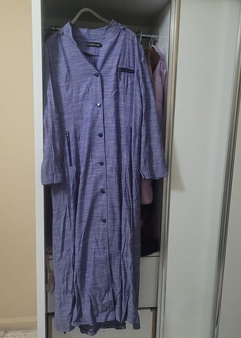 Düğmeli Uzun Keten Kadın Kaban Mor - Görsel 3