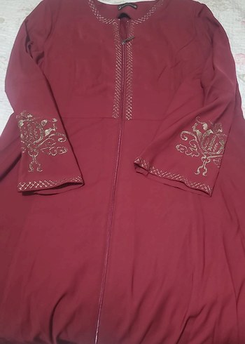 Bordo Nakışlı Uzun Salaş Kadın pardesü - Görsel 4