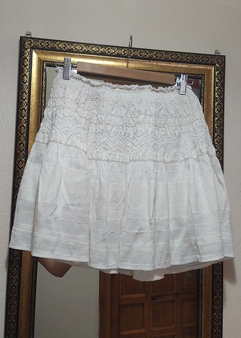 zara Nakışlı Beyaz Mini Keten Etek