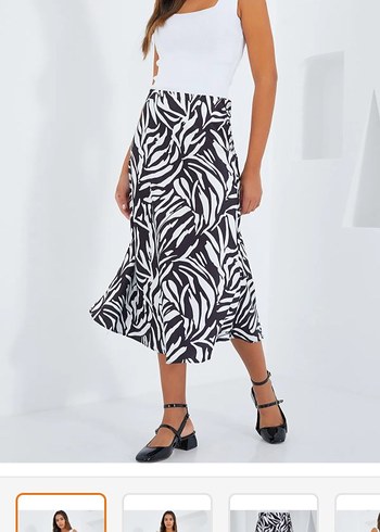 Zebra Desenli Piliseli Midi Etek