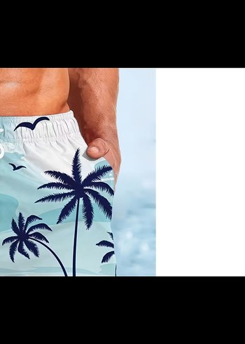 Mavi Palmiye Desenli Erkek  Deniz Şortu - Görsel 4