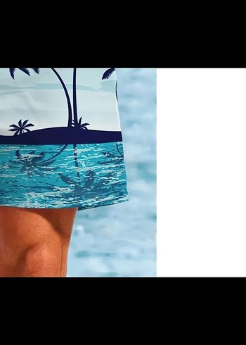 Mavi Palmiye Desenli Erkek  Deniz Şortu - Görsel 5