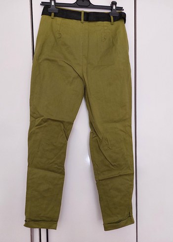 Kadın Haki Düğmeli Pamuklu Rahat Kesim Pantolon - Görsel 2