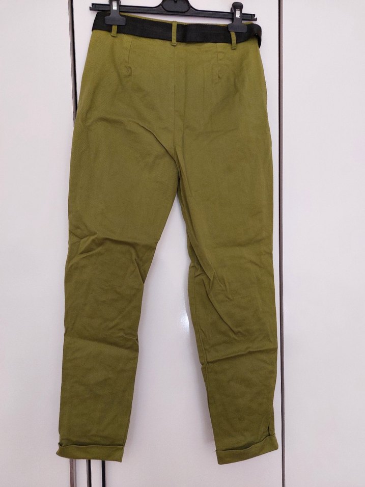 Kadın Haki Düğmeli Pamuklu Rahat Kesim Pantolon - Görsel 2