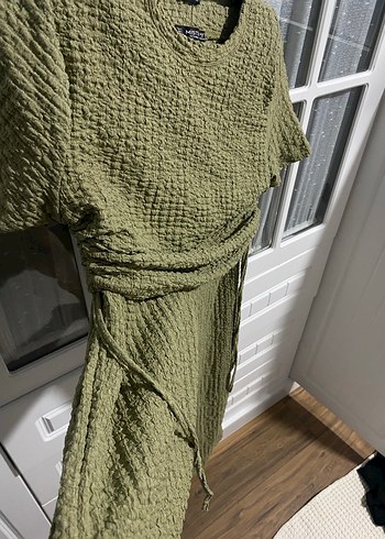 Kadın Haki Keten Pilili Midi ikili takım - Görsel 3