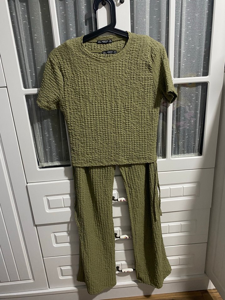 Kadın Haki Keten Pilili Midi ikili takım - Görsel 4