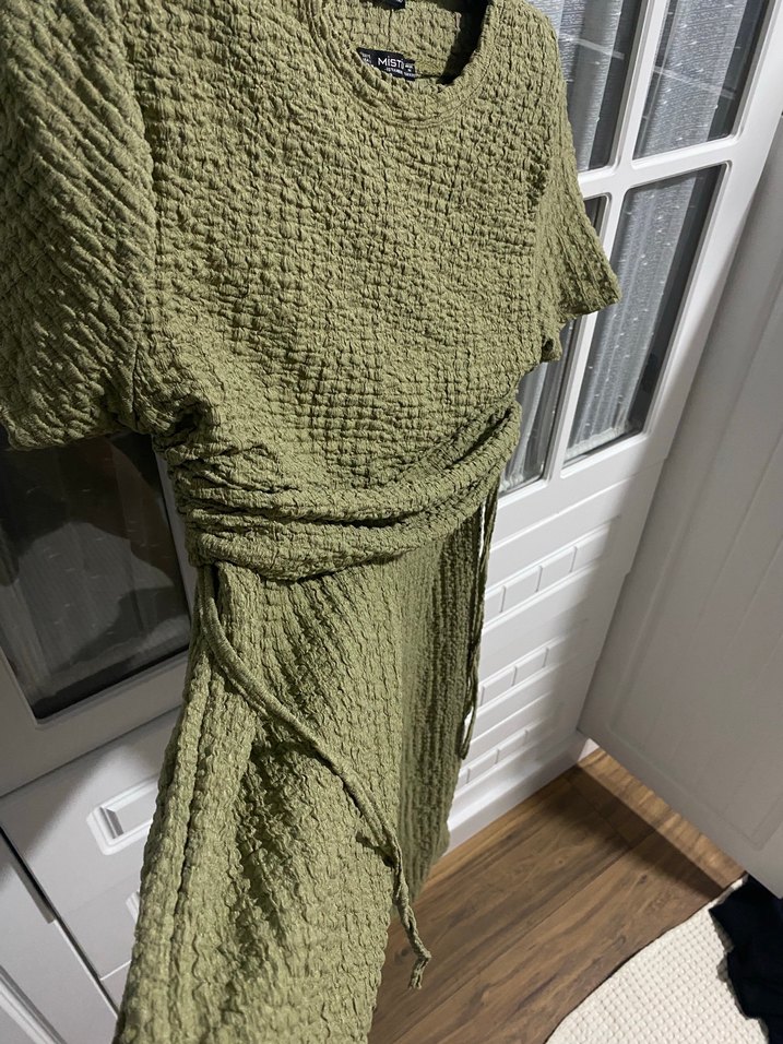 Kadın Haki Keten Pilili Midi ikili takım - Görsel 3