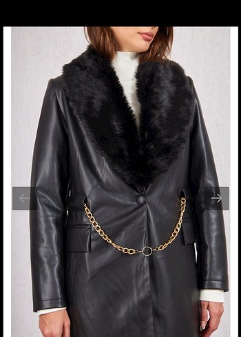 Kürklü Zincir Kemerli Siyah Deri Kaban - Görsel 3