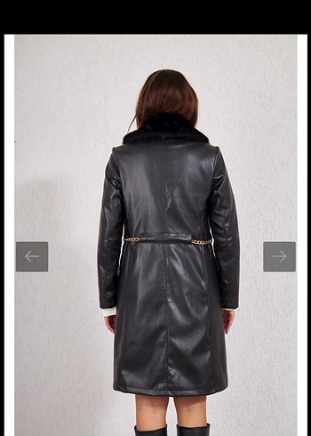 Kürklü Zincir Kemerli Siyah Deri Kaban - Görsel 6