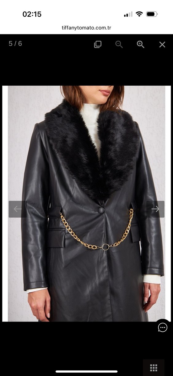 Kürklü Zincir Kemerli Siyah Deri Kaban - Görsel 3