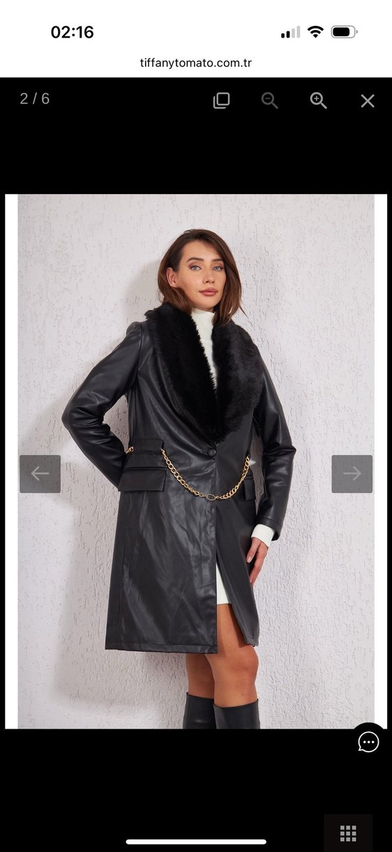 Kürklü Zincir Kemerli Siyah Deri Kaban - Görsel 4