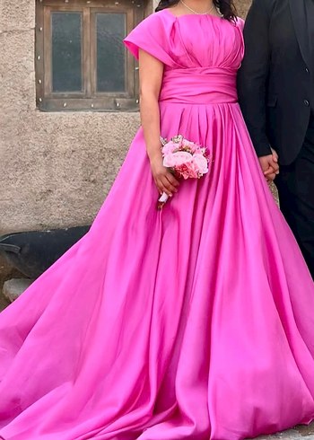 Abiye Pembe Drapeli Uzun Abiye Elbise