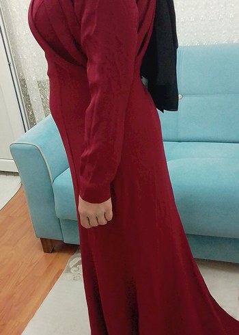 40 Beden Bordo Uzun Kollu Yüksek Yaka Abiye Elbise
