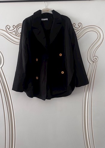46 Beden Siyah Düğmeli Kadın Keten Blazer