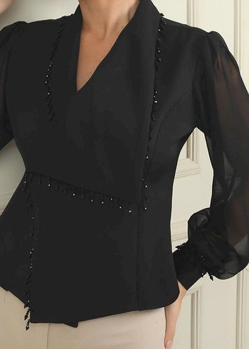 Siyah Kruvaze Kadın Abiye Bluz-Ceket - Görsel 17