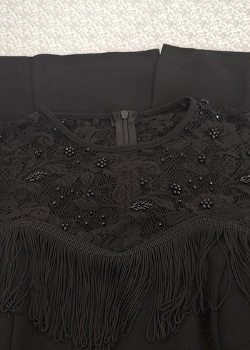 Fabrika Püsküllü Siyah Midi Elbise - Görsel 6