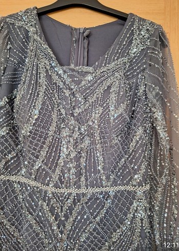 Boncuk İşlemeli Uzun Antrasit Abiye Elbise - Görsel 6