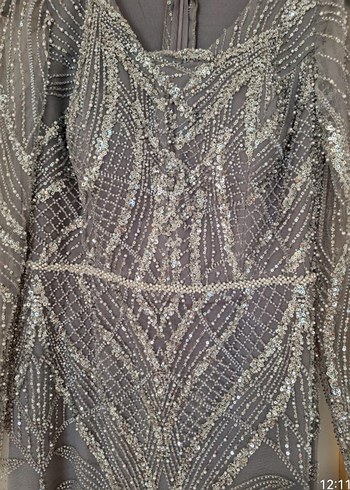 Boncuk İşlemeli Uzun Antrasit Abiye Elbise - Görsel 3