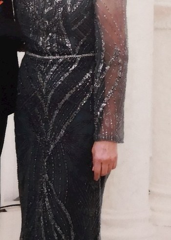 Boncuk İşlemeli Uzun Antrasit Abiye Elbise - Görsel 8